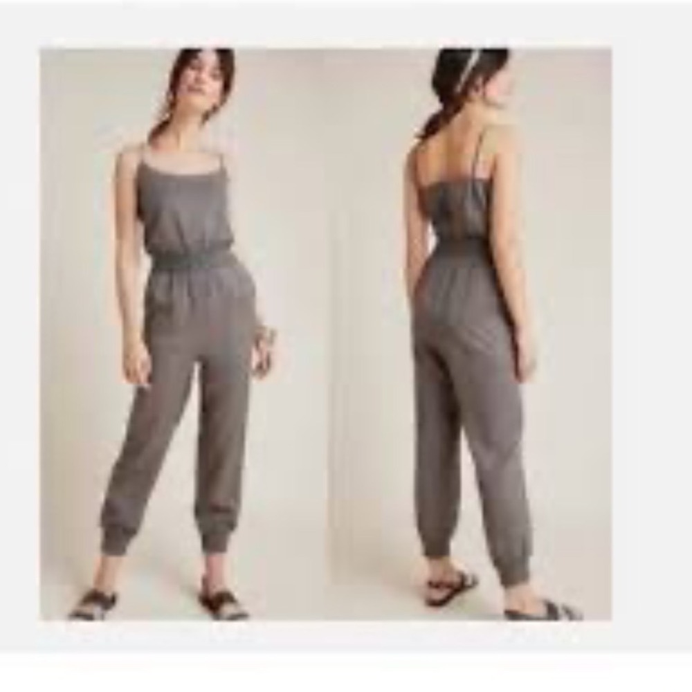 Anthropologie Nisa Lyocell Smocked Waist Jogger Crop Jumpsuit Olive Gray Size M